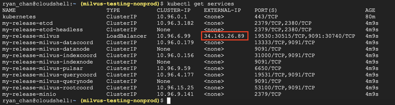Milvus service over a Layer-4 load balancer on GCP