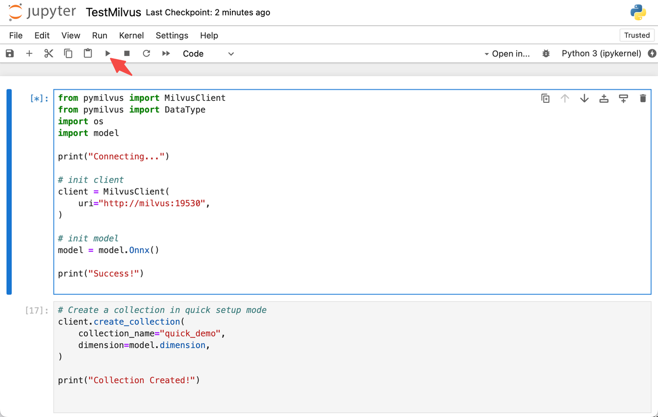 Run TestMilvus.ipynb in the notebook