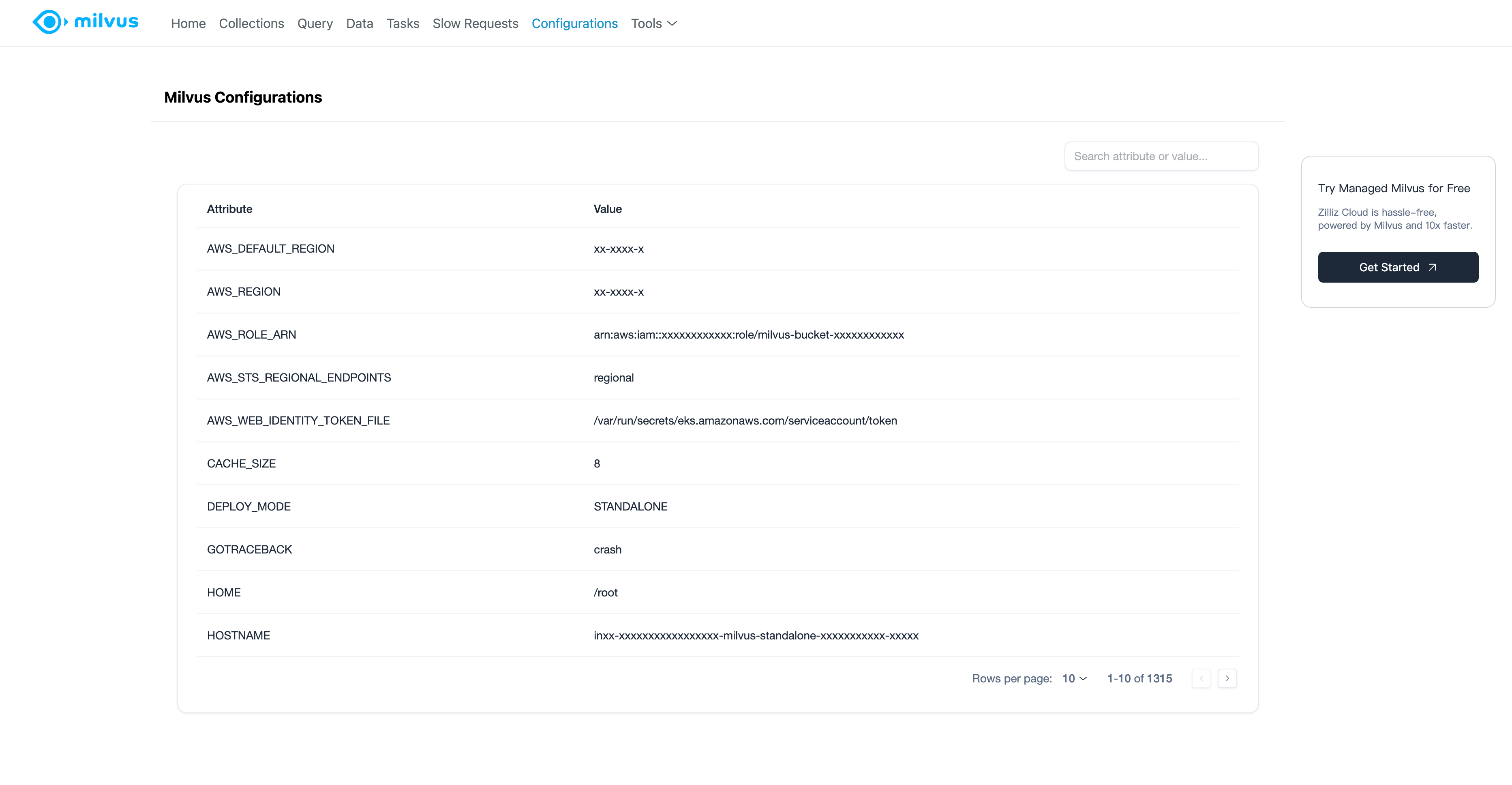 Milvus Web UI Configurations Page