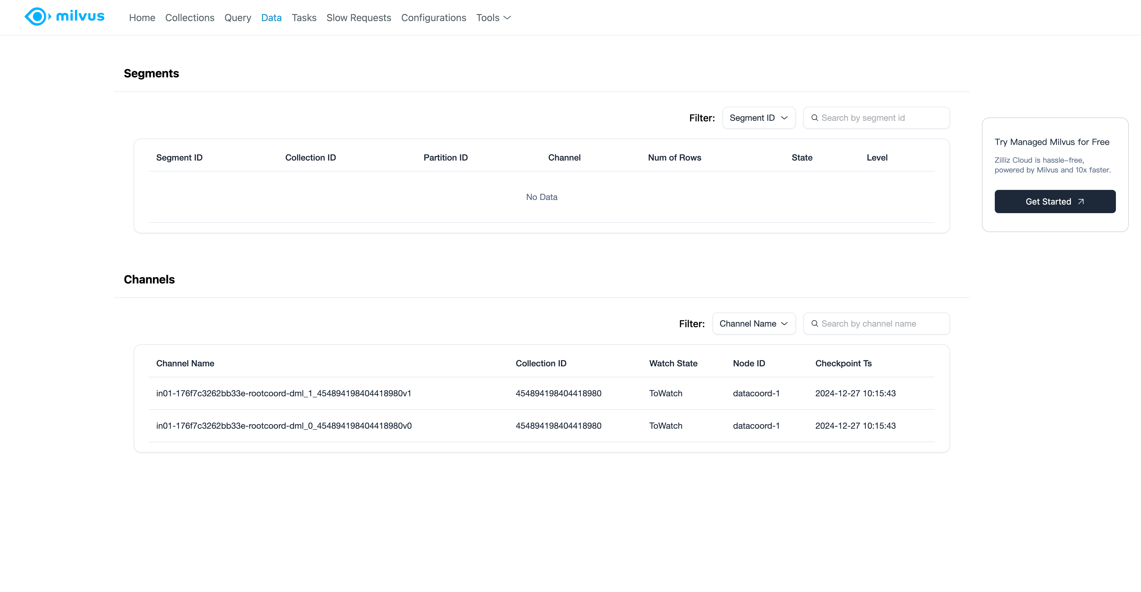 Milvus Web UI Data Page