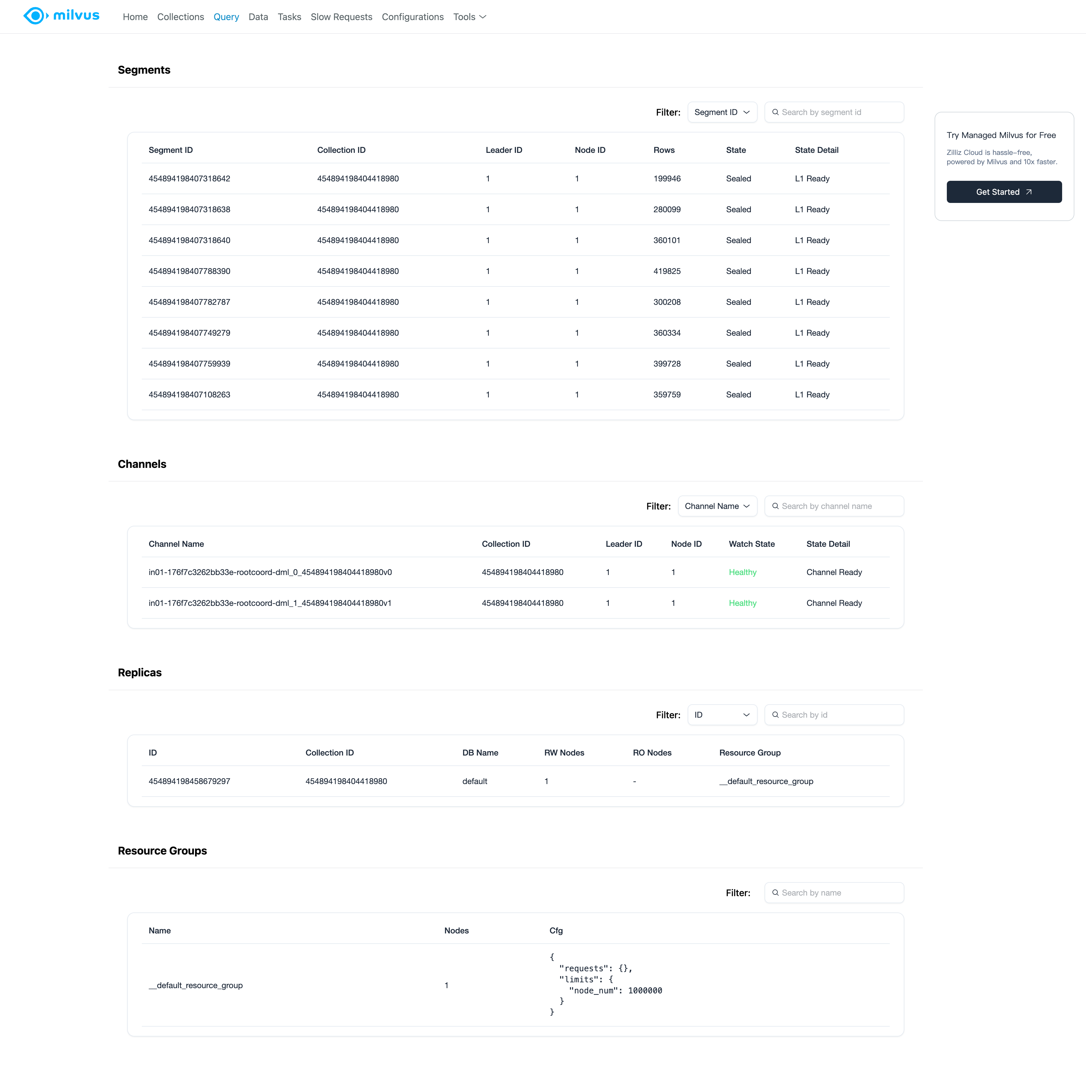 Milvus Web UI Query Page